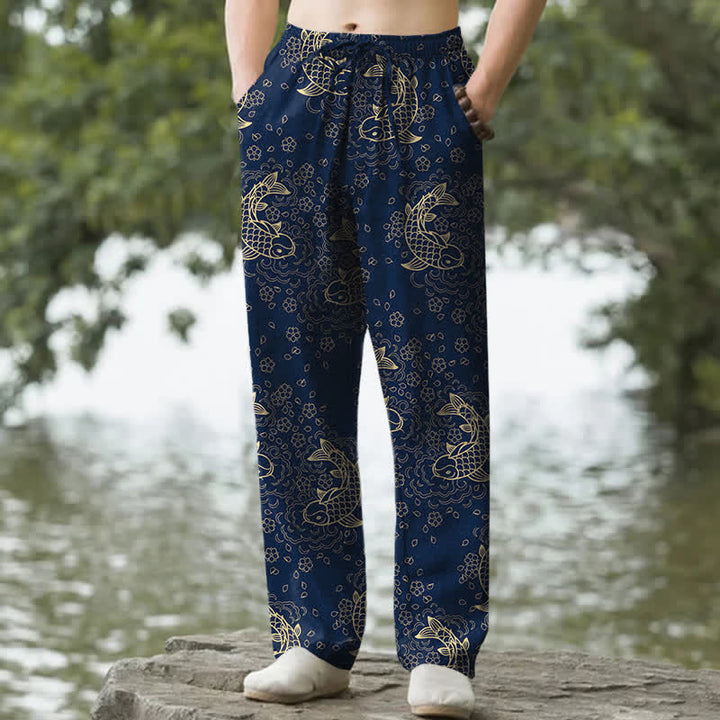Buddha Stones Cotton Golden Koi Fish Floral Pattern Men's Tapered Pants With Pockets - Navy - US/UK/AU50，EU60 (5XL) - image 6