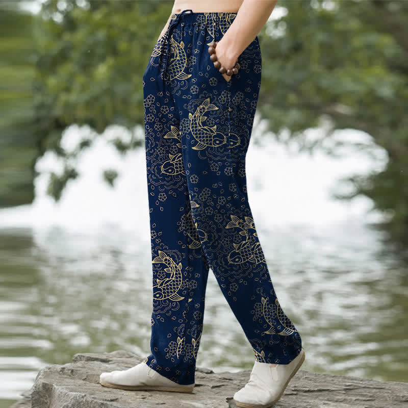 Buddha Stones Cotton Golden Koi Fish Floral Pattern Men's Tapered Pants With Pockets - image 7
