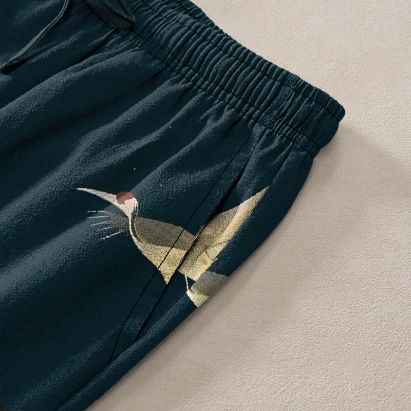 Buddha Stones Cotton Mountain Temple Bird Pattern Men's Tapered Pants With Pockets - image 2