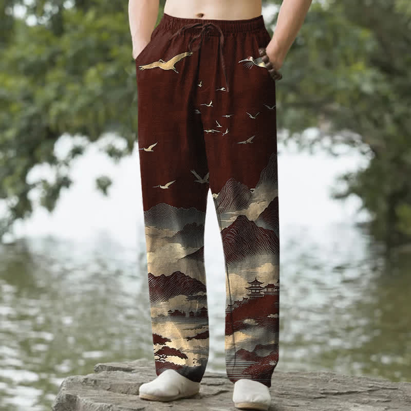 Buddha Stones Cotton Mountain Temple Bird Pattern Men's Tapered Pants With Pockets - Maroon - US/UK/AU50，EU60 (5XL) - image 4