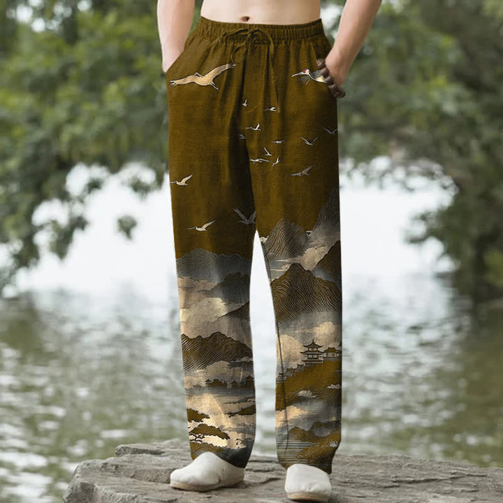 Buddha Stones Cotton Mountain Temple Bird Pattern Men's Tapered Pants With Pockets - DarkGoldenrod - US/UK/AU50，EU60 (5XL) - image 6
