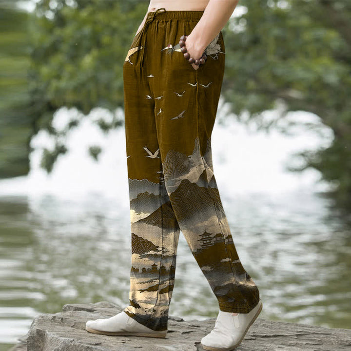 Buddha Stones Cotton Mountain Temple Bird Pattern Men's Tapered Pants With Pockets - image 7