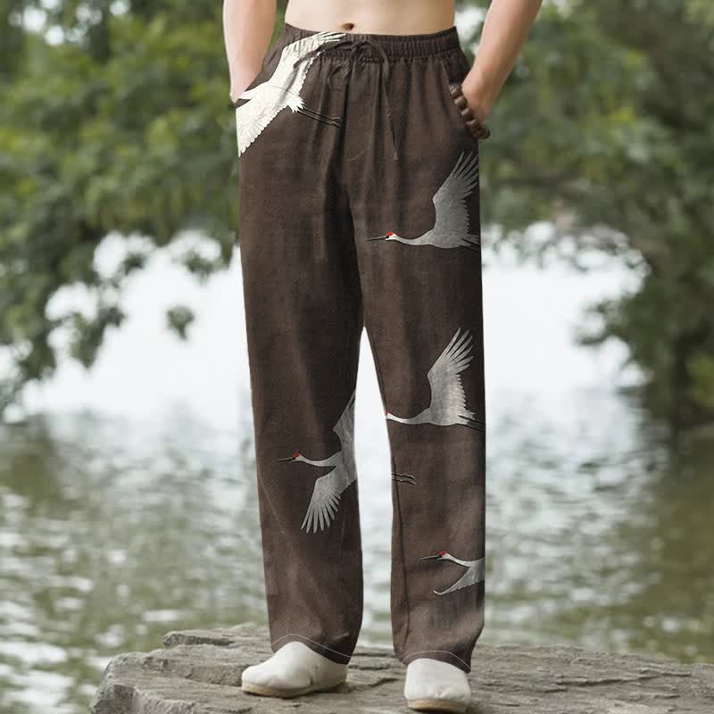 Buddha Stones Cotton White Flying Crane Pattern Men's Tapered Pants With Pockets - SaddleBrown - US/UK/AU50，EU60 (5XL) - image 4