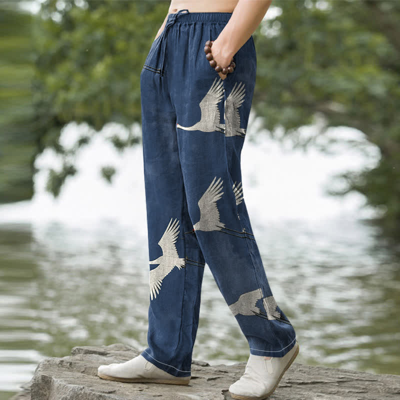 Buddha Stones Cotton White Flying Crane Pattern Men's Tapered Pants With Pockets - image 7