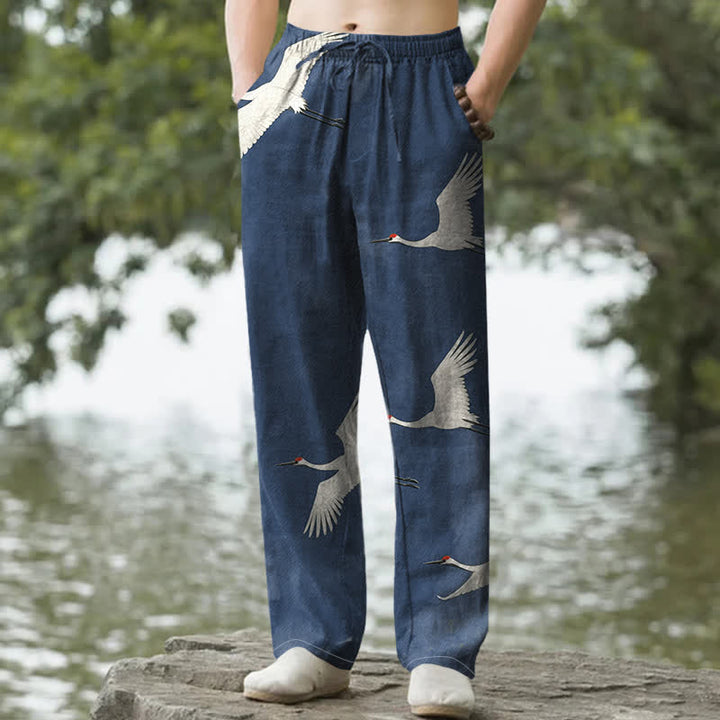 Buddha Stones Cotton White Flying Crane Pattern Men's Tapered Pants With Pockets - Navy - US/UK/AU50，EU60 (5XL) - image 6