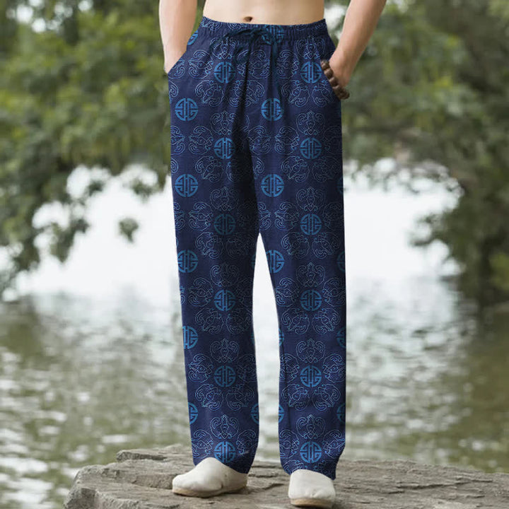 Buddha Stones Cotton Auspicious Round Badge Floral Pattern Men's Tapered Pants With Pockets - Navy - US/UK/AU50，EU60 (5XL) - image 6
