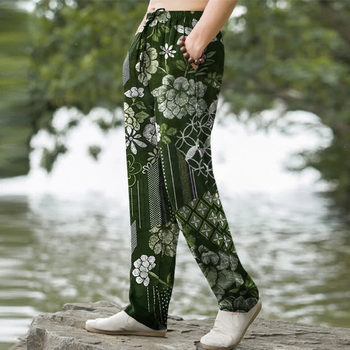 Buddha Stones Cotton Bohemian Floral Patchwork Pattern Men's Tapered Pants With Pockets - image 7