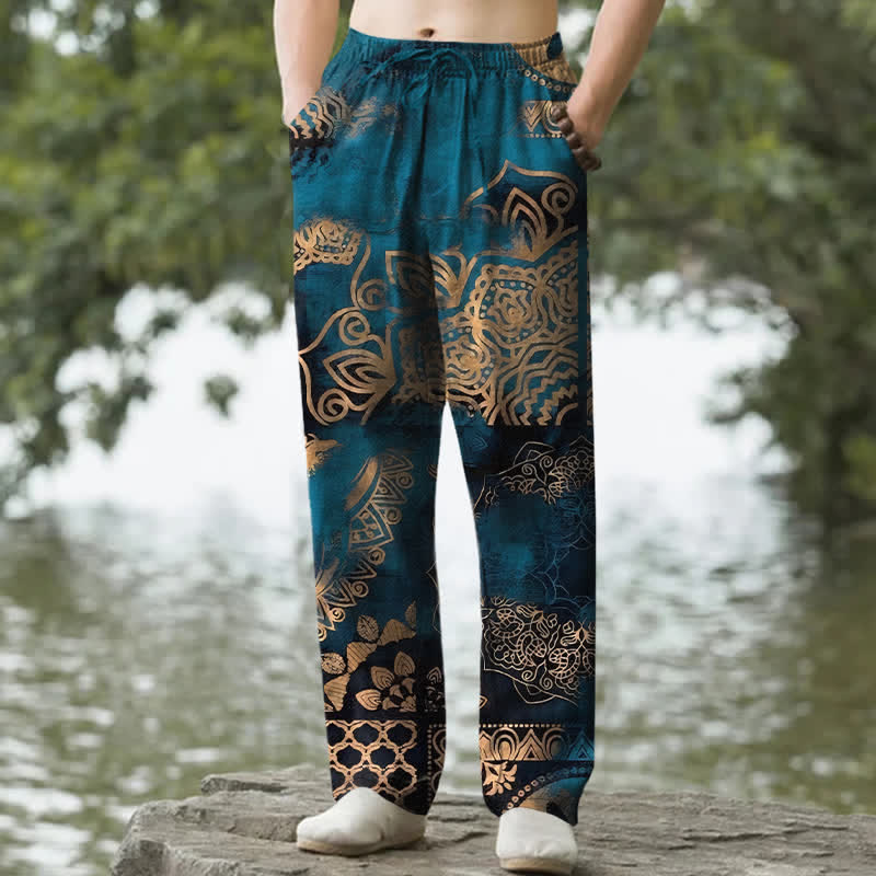 Buddha Stones Cotton Mandala Geometric Pattern Men's Tapered Pants With Pockets - Teal - US/UK/AU50，EU60 (5XL) - image 0