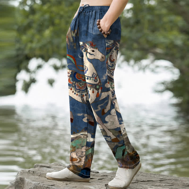 Buddha Stones Cotton Vintage Colorful Horse Galloping Pattern Men's Tapered Pants With Pockets - image 1