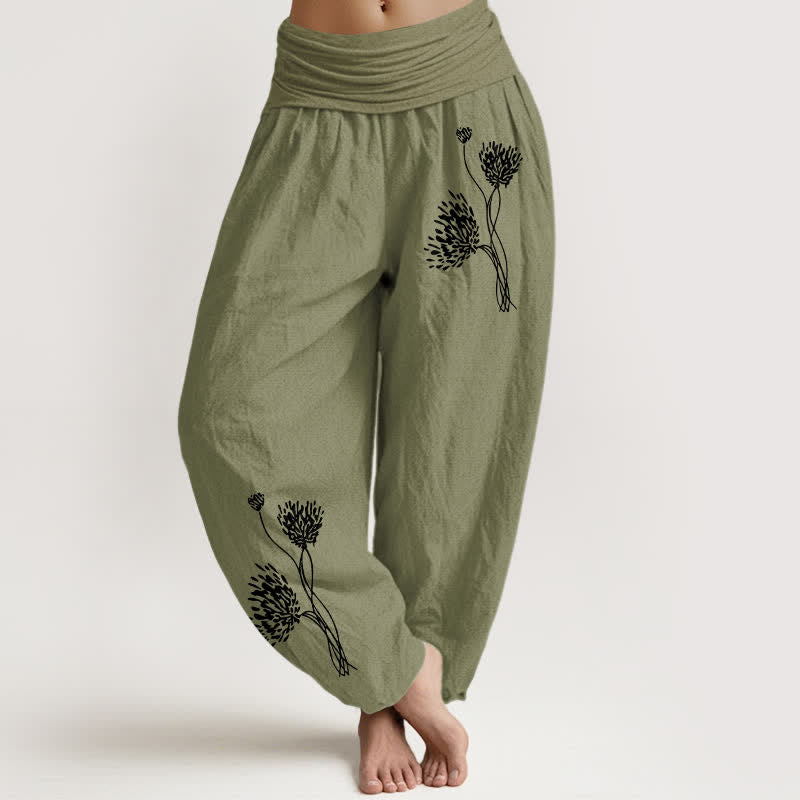Buddha Stones Pure Cotton Botanical Pattern Women's Elastic Waist Harem Pants - OliveDrab - US16，UK/AU20，EU48 (3XL) - image 14