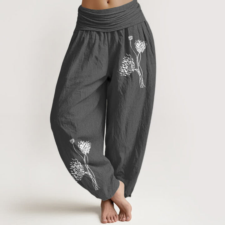 Buddha Stones Pure Cotton Botanical Pattern Women's Elastic Waist Harem Pants - DimGray - US16，UK/AU20，EU48 (3XL) - image 11