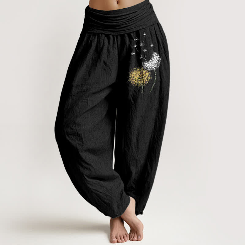 Buddha Stones Pure Cotton Dandelion Bloom Pattern Women's Elastic Waist Harem Pants - Black - US16，UK/AU20，EU48 (3XL) - image 0