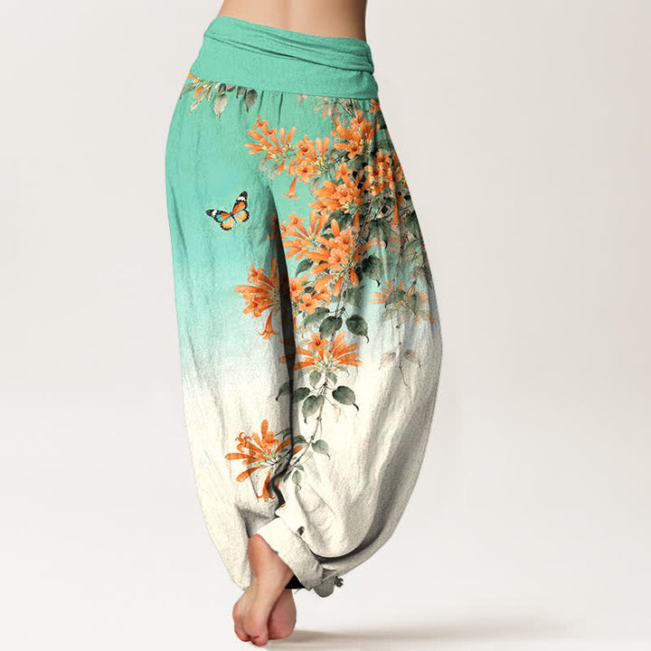 Buddha Stones Cotton Orange Floral Butterfly Pattern Women's Elastic Waist Harem Pants - image 7