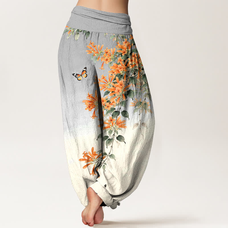 Buddha Stones Cotton Orange Floral Butterfly Pattern Women's Elastic Waist Harem Pants - image 10