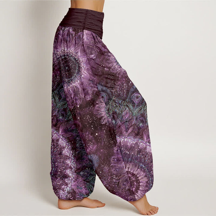Buddha Stones Cotton Peacock Feather Pattern Women's Elastic Waist Harem Pants - image 9