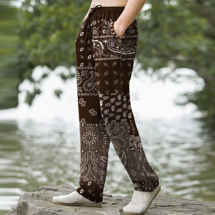 Buddha Stones Cotton Splicing Paisley Pattern Men's Tapered Pants With Pockets - image 5