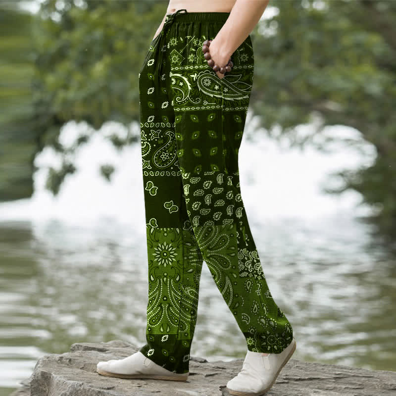Buddha Stones Cotton Splicing Paisley Pattern Men's Tapered Pants With Pockets - image 7