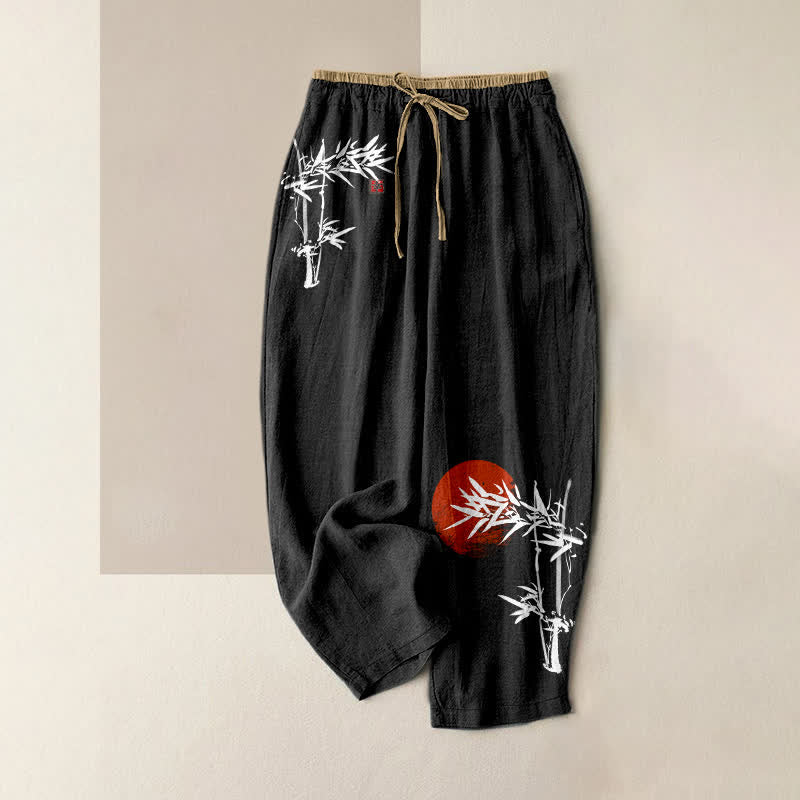 Buddha Stones Pure Cotton Ink Bamboo Red Sun Pattern Women's Elastic Waist Pants With Pockets - Black - US16，UK/AU20，EU48 (3XL) - image 4