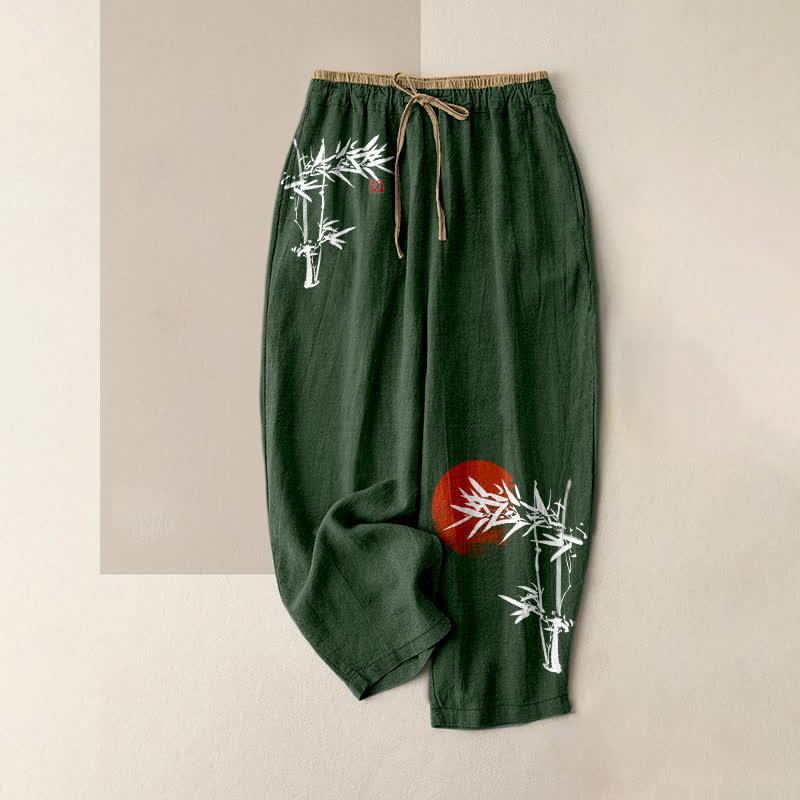 Buddha Stones Pure Cotton Ink Bamboo Red Sun Pattern Women's Elastic Waist Pants With Pockets - ForestGreen - US16，UK/AU20，EU48 (3XL) - image 6