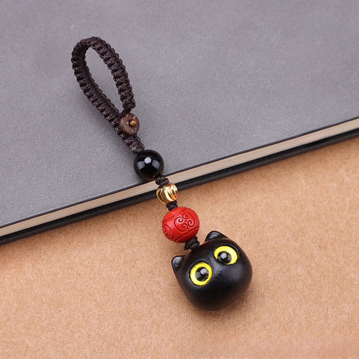 Buddha Stones Ebony Wood Cute Cat Grounding Hand Carved Peace Keychains - Small Cat Braided Rope - image 6
