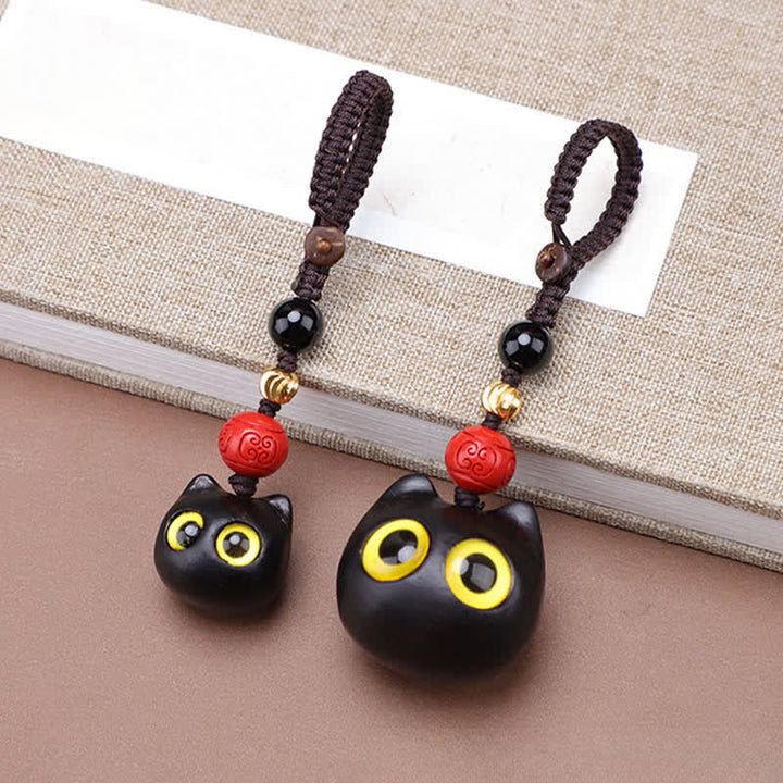 Buddha Stones Ebony Wood Cute Cat Grounding Hand Carved Peace Keychains - image 8