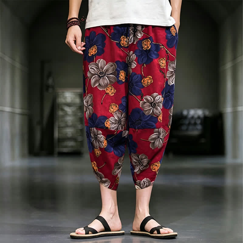 Buddha Stones Summer Casual Boho Floral Capri Pants Men's Tapered Pants With Pockets - FireBrick - US/UK/AU48, EU58 (5XL) - image 11