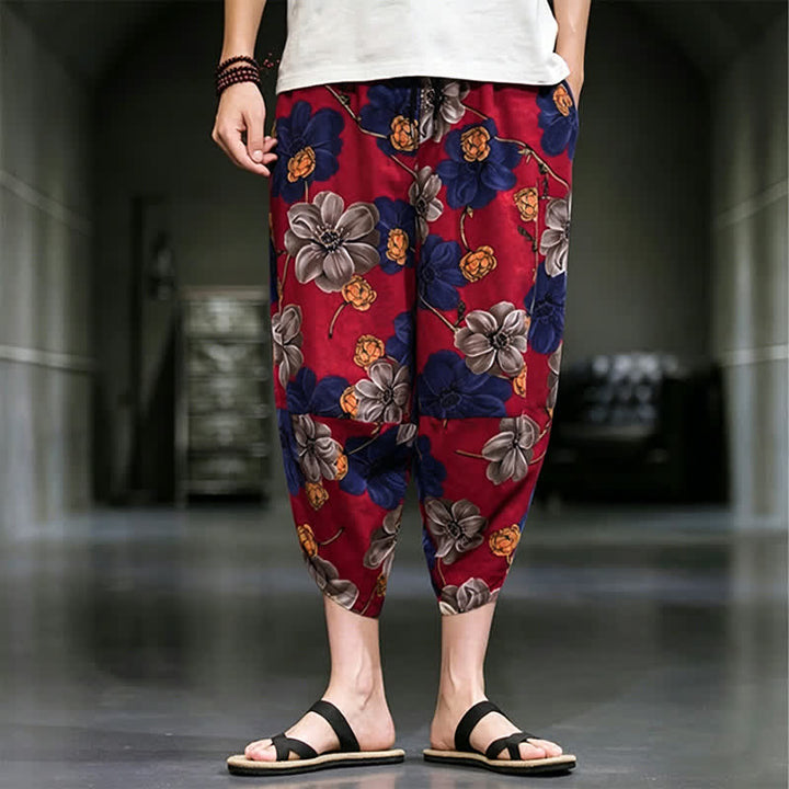 Buddha Stones Summer Casual Boho Floral Capri Pants Men's Tapered Pants With Pockets - FireBrick - US/UK/AU48, EU58 (5XL) - image 11