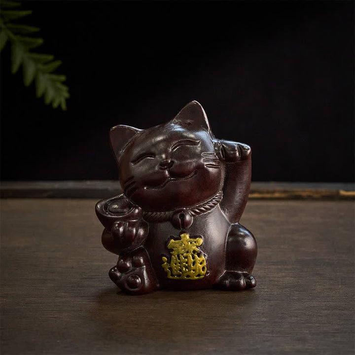 Buddha Stones Attract Wealth Lucky Cat Ebony Wood Carved Blessing Decoration - image 3