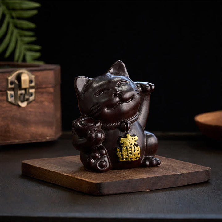 Buddha Stones Attract Wealth Lucky Cat Ebony Wood Carved Blessing Decoration - image 4