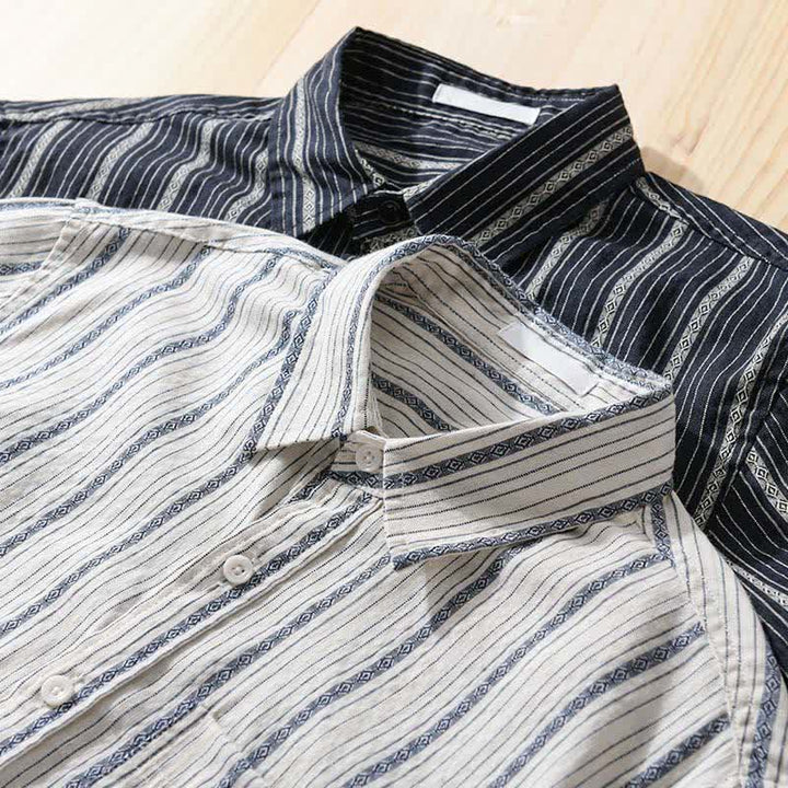 Buddha Stones Summer Casual Button Up Striped Cotton Men's Short Sleeve Shirts With Patch Pocket - image 15