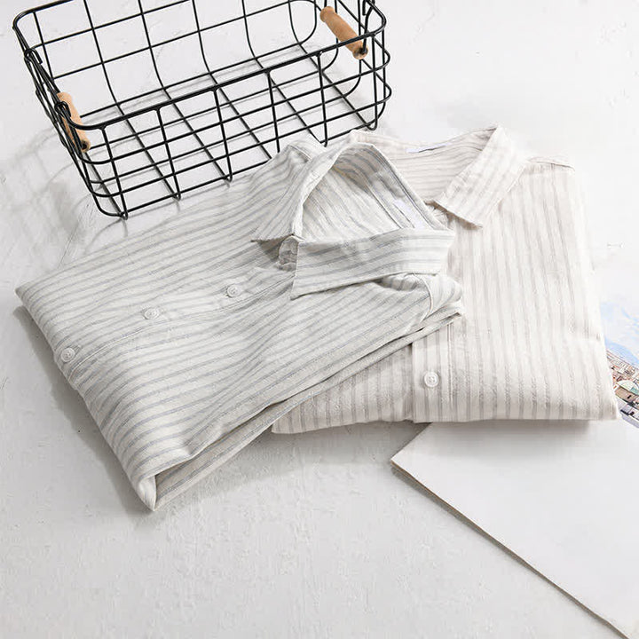 Buddha Stones Summer Casual Minimalist Half Button Striped Cotton Men's Short Sleeve Shirts - image 14