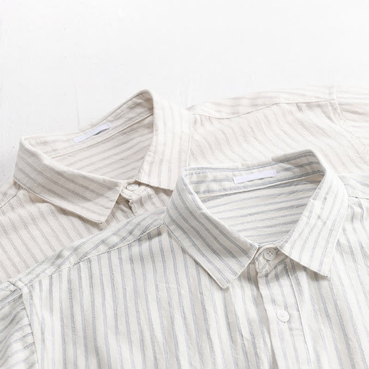 Buddha Stones Summer Casual Minimalist Half Button Striped Cotton Men's Short Sleeve Shirts - image 15