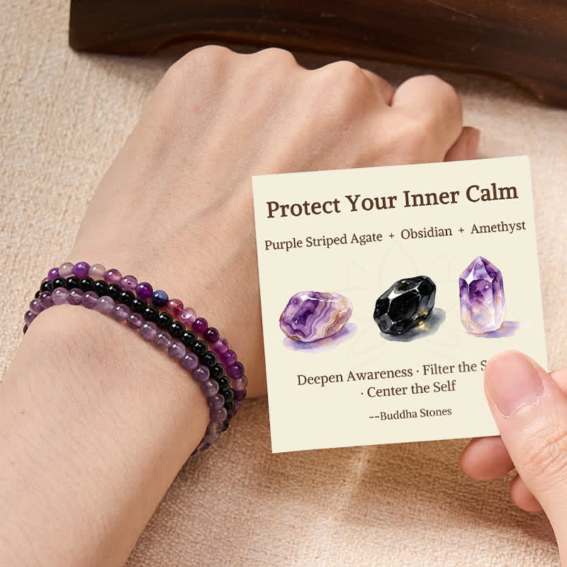 Buddha Stones 3pcs "Protect Your Inner Calm" Purple Striped Agate Bracelet Includes Gift Message Card - 6mm(Wrist Circumference: 6.7-7.1 in / 17-18 cm) - image 0
