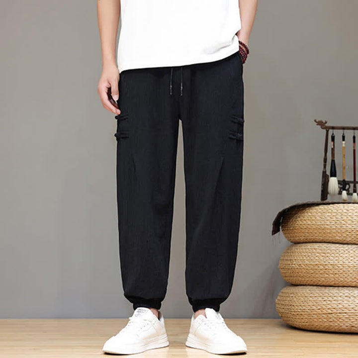 Buddha Stones Summer Casual Tang Style Solid Cropped Pants Men's Harem Pants With Pockets - Black - US/UK/AU46, EU56 (5XL) - image 9