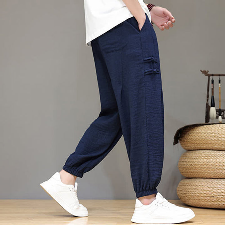 Buddha Stones Summer Casual Tang Style Solid Cropped Pants Men's Harem Pants With Pockets - image 3