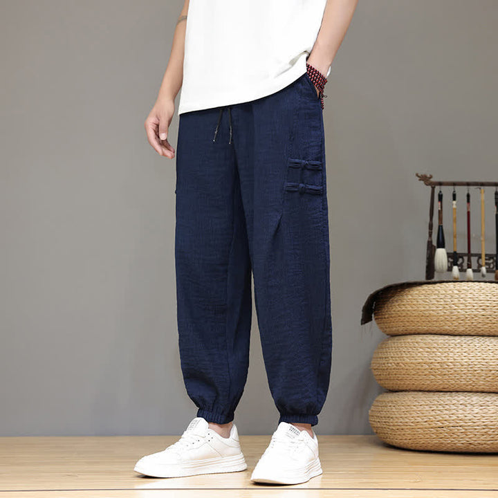 Buddha Stones Summer Casual Tang Style Solid Cropped Pants Men's Harem Pants With Pockets - image 8
