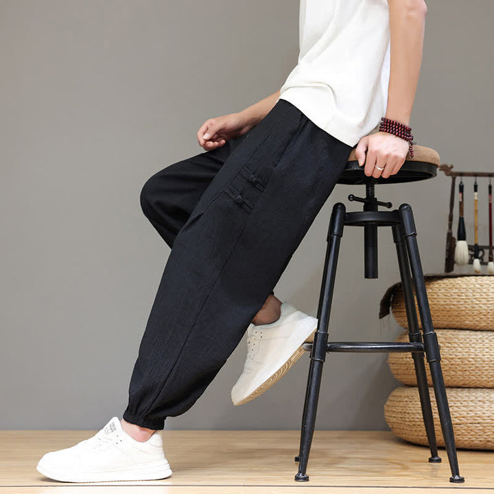 Buddha Stones Summer Casual Tang Style Solid Cropped Pants Men's Harem Pants With Pockets - image 16