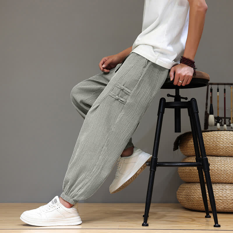 Buddha Stones Summer Casual Tang Style Solid Cropped Pants Men's Harem Pants With Pockets - image 25