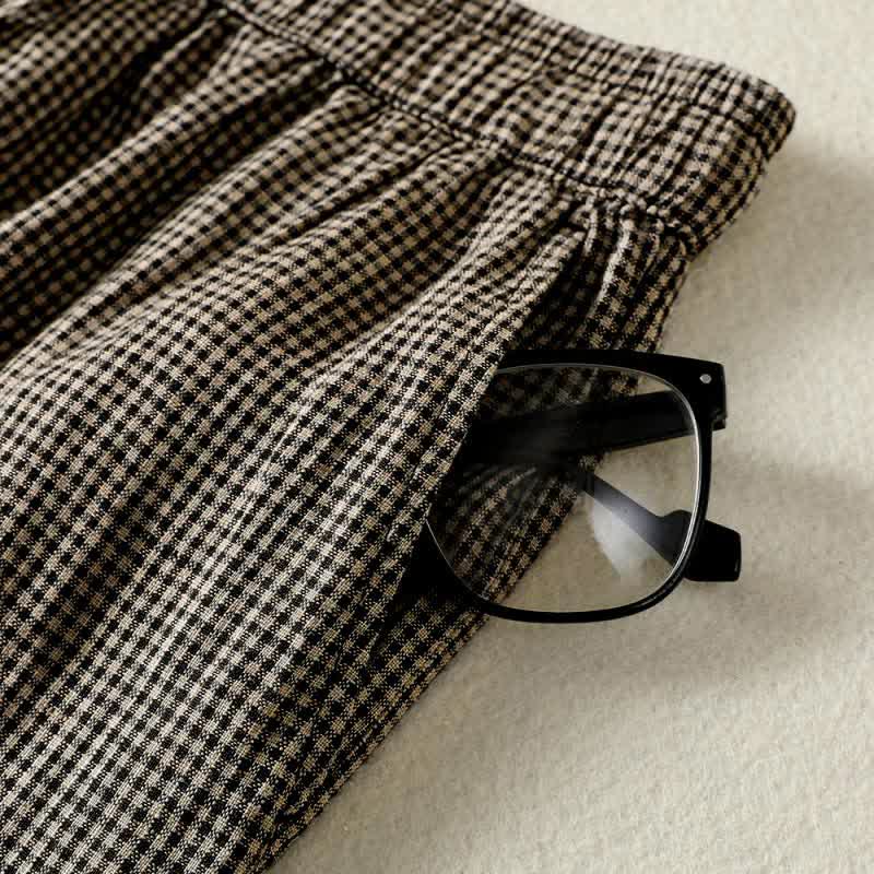 Buddha Stones Summer Casual Drawstring Plaid Linen Ankle Pants Women's Wide Leg Pants With Pocket - image 6