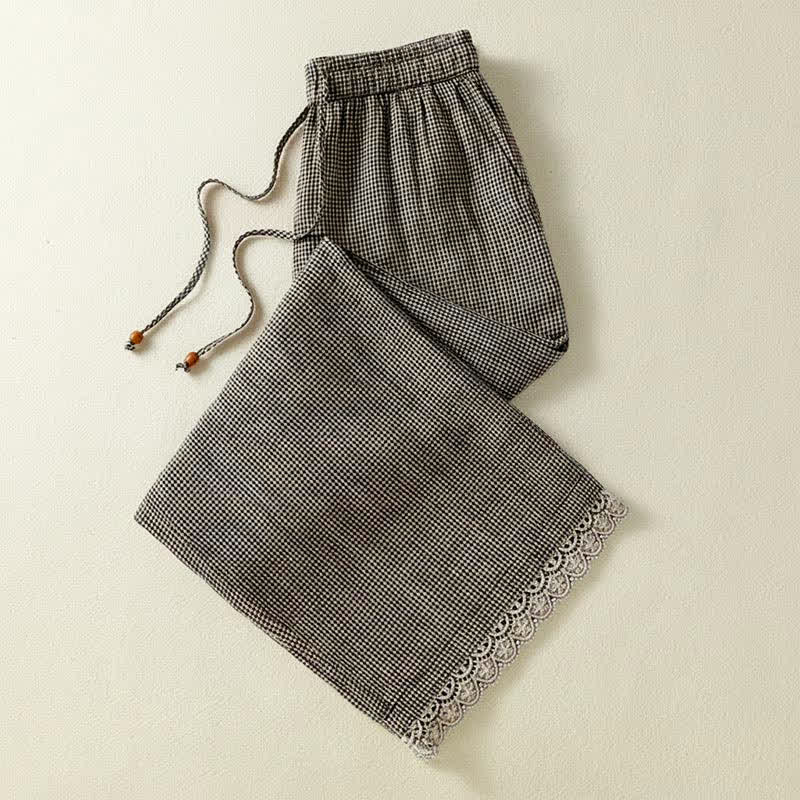 Buddha Stones Summer Casual Drawstring Plaid Linen Ankle Pants Women's Wide Leg Pants With Pocket - image 2
