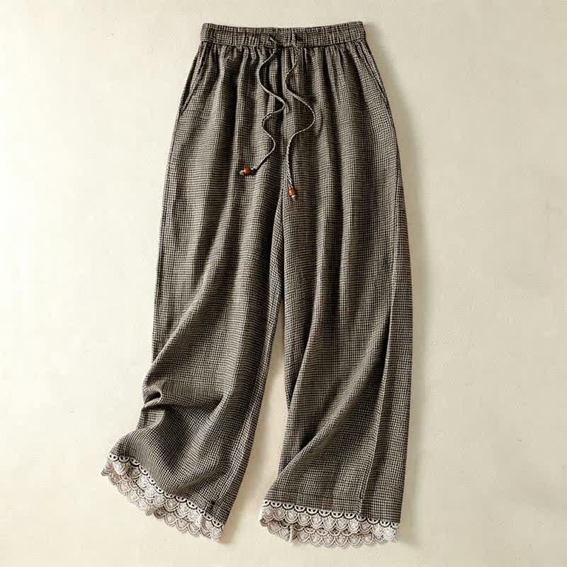 Buddha Stones Summer Casual Drawstring Plaid Linen Ankle Pants Women's Wide Leg Pants With Pocket - Gray - US8-10, UK/AU12-14, EU40-42 (2XL) - image 0