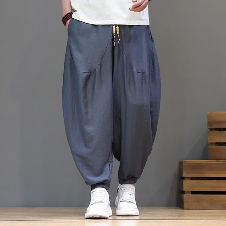 Buddha Stones Summer Casual Vintage Drawstring Solid Cotton Cropped Pants Men's Harem Pants With Pocket - SlateGray - US/UK/AU46, EU56 (5XL) - image 0