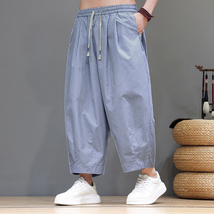 Buddha Stones Summer Casual Drawstring Striped Capri Pants Men's Harem Pants With Pocket - image 10