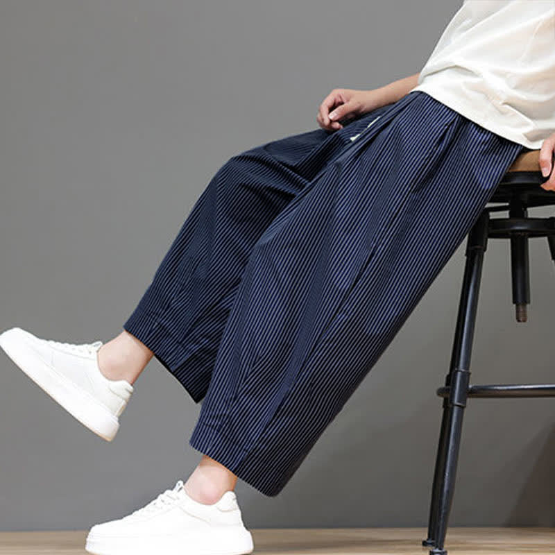 Buddha Stones Summer Casual Drawstring Striped Capri Pants Men's Harem Pants With Pocket - image 1