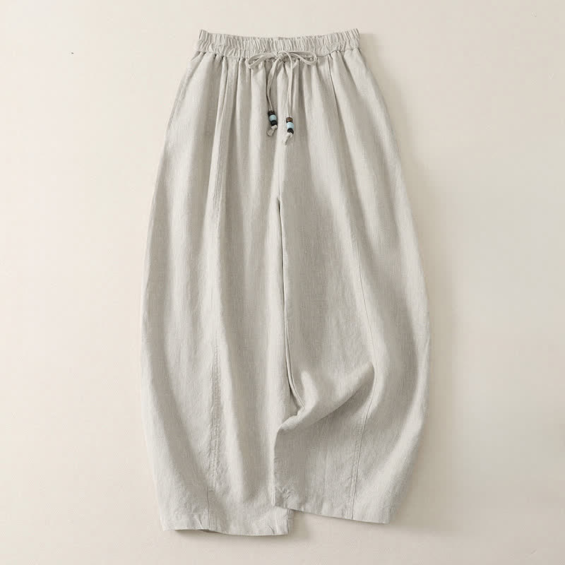 Buddha Stones Summer Casual Minimalist Drawstring Solid Cropped Pants Women's Wide Leg Pants With Pockets - Linen - US8-10, UK/AU12-14, EU40-42 (2XL) - image 12