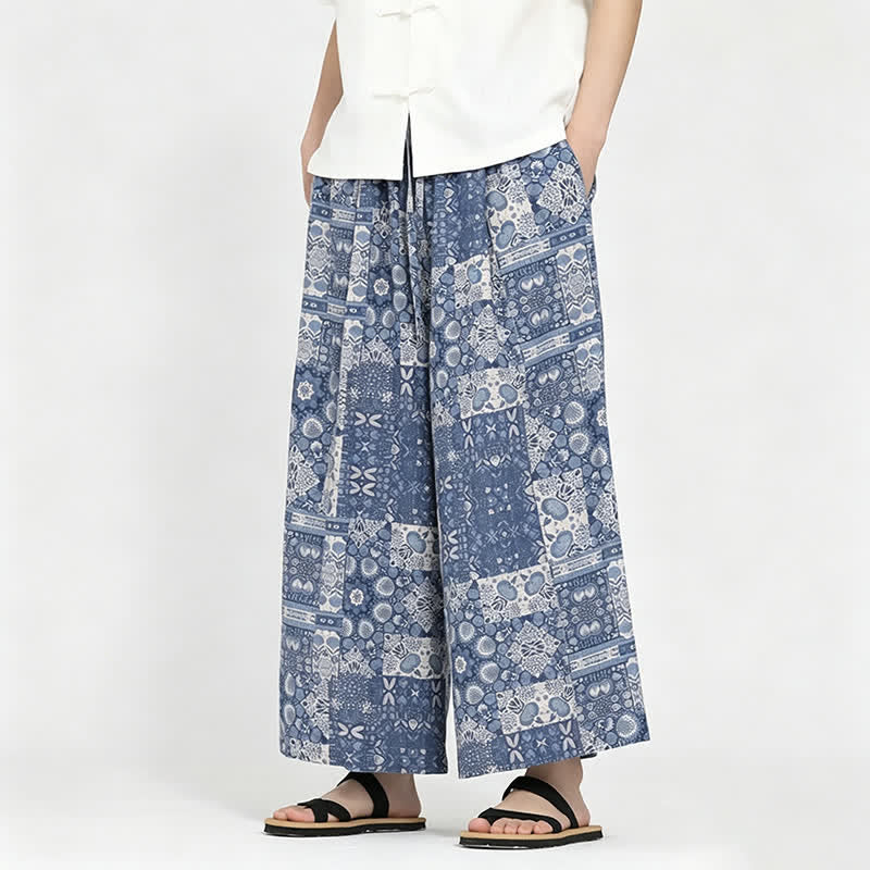 Buddha Stones Summer Boho Casual Drawstring Floral Capri Pants Men's Wide Leg Pants With Pocket - image 6