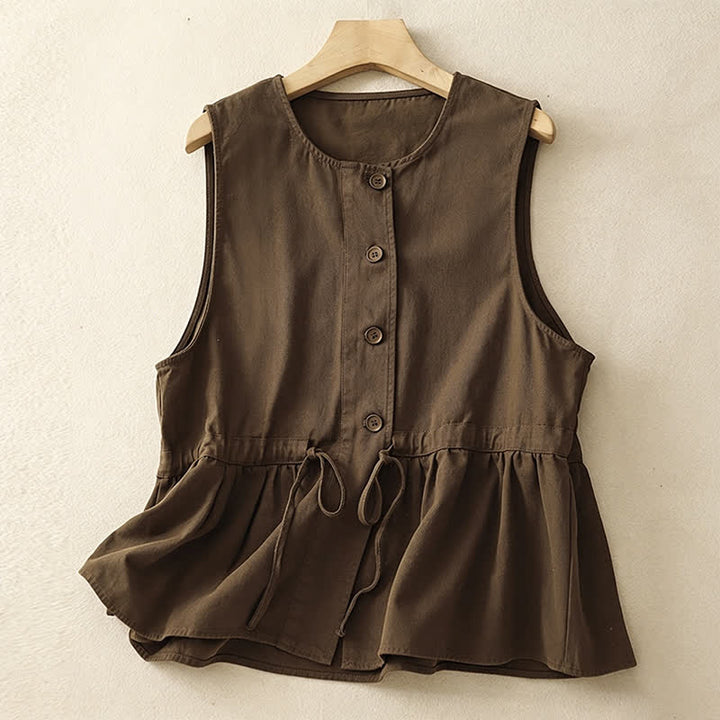 Buddha Stones Summer Casual Vintage Button-Up Drawstring Solid Tank Top Women's Sleeveless Shirts - Sienna - US8-10, UK/AU12-14, EU40-42 (2XL) - image 0
