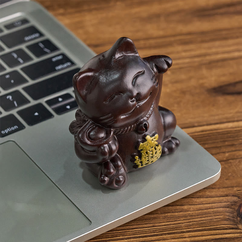 Buddha Stones Attract Wealth Lucky Cat Ebony Wood Carved Blessing Decoration - image 1
