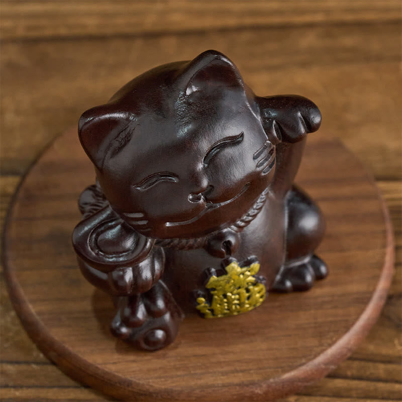 Buddha Stones Attract Wealth Lucky Cat Ebony Wood Carved Blessing Decoration - image 2