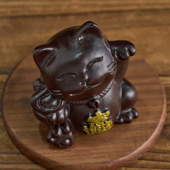 Buddha Stones Attract Wealth Lucky Cat Ebony Wood Carved Blessing Decoration - image 2
